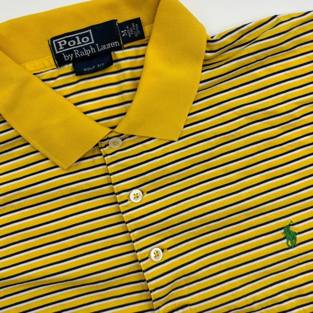 Polo Ralph Lauren Golf Fit Striped Polo Shirt Mens Size M Yellow Navy White‎